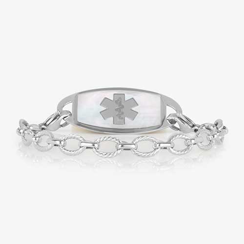Silver medical ID bracelet with textured oval chain links and a mother-of-pearl alert tag featuring the Star of Life emblem.