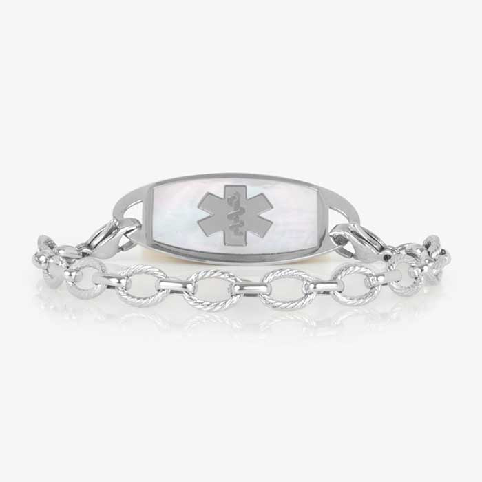 Silver medical ID bracelet with textured oval chain links and a mother-of-pearl alert tag featuring the Star of Life emblem.