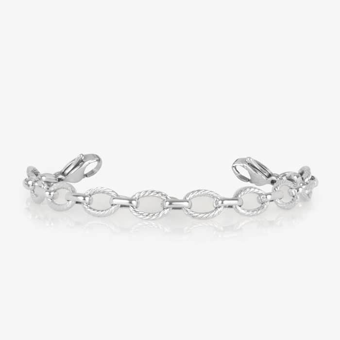 Silver medical ID bracelet with textured oval chain links and a mother-of-pearl alert tag featuring the Star of Life emblem.