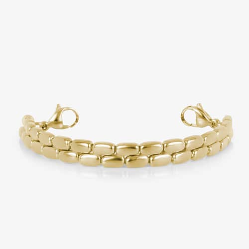 Gold-tone bracelet with a polished double-row rectangular link design and lobster clasps at both ends.