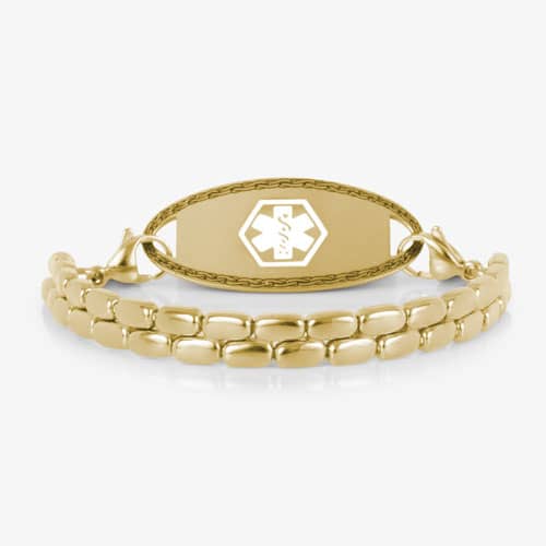 Gold-tone medical ID bracelet with a double-row rectangular link design and an oval ID tag featuring a white medical symbol.