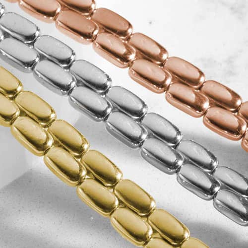 Close-up of gold-tone, silver-tone, and rose gold-tone versions of the double-row rectangular link bracelet design.