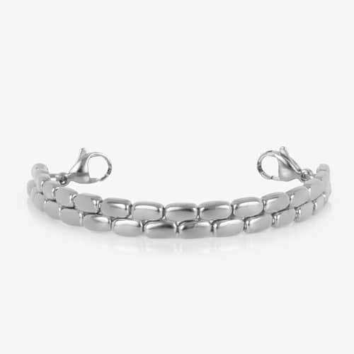 Silver-tone bracelet with a polished double-row rectangular link design and lobster clasps at both ends.