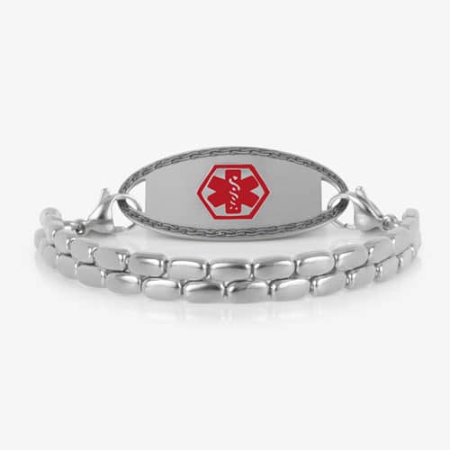 Silver-tone medical ID bracelet with a double-row rectangular link design and an oval ID tag featuring a red medical symbol.