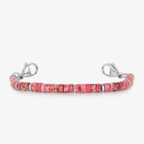 Pink jasper heishi bead medical ID bracelet strand with polished silver spacer accents and lobster clasp closures.
