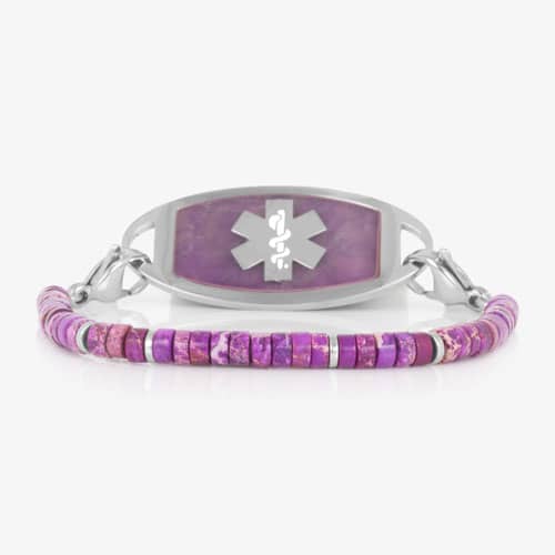 Silver-tone medical ID bracelet with purple stone inlay ID tag, purple heishi beads, and silver spacer accents.