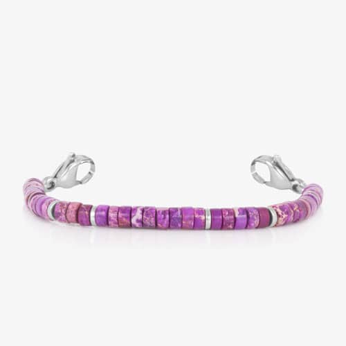 Purple heishi bead medical ID bracelet strand with polished silver spacer accents and lobster clasp closures.