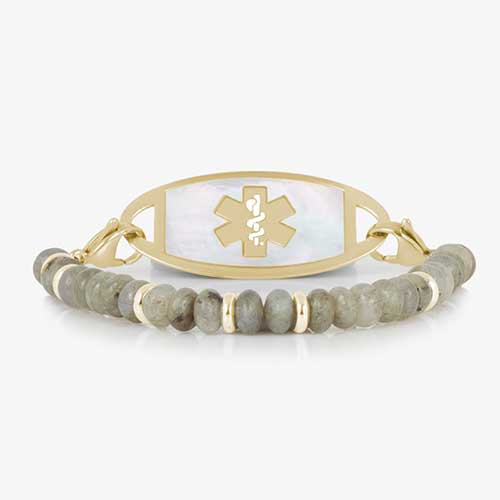 Stretch, beaded bracelet, featuring natural Labradorite stones and Gold rondelles. Paired with a custom Lauren's Hope ID tag featuring Gold medical alert caduceus and inlaid Mother of Pearl.