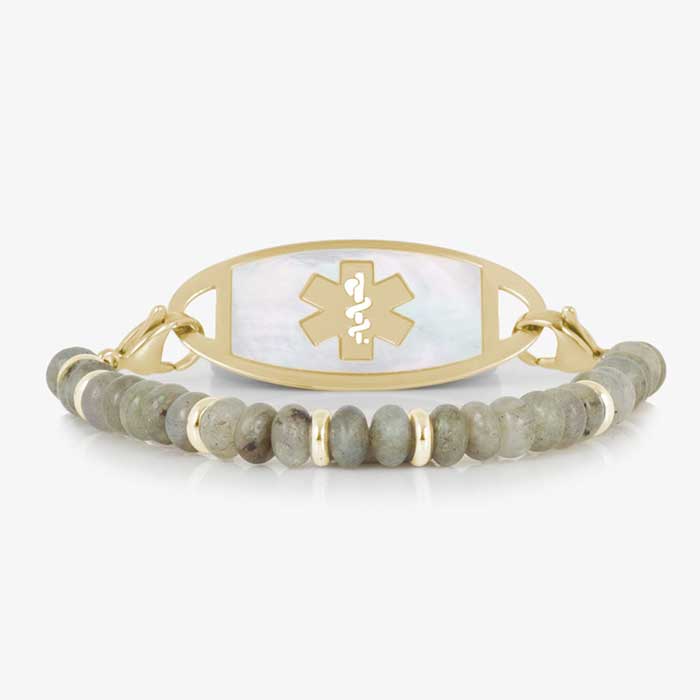 Stretch, beaded bracelet, featuring natural Labradorite stones and Gold rondelles. Paired with a custom Lauren's Hope ID tag featuring Gold medical alert caduceus and inlaid Mother of Pearl.
