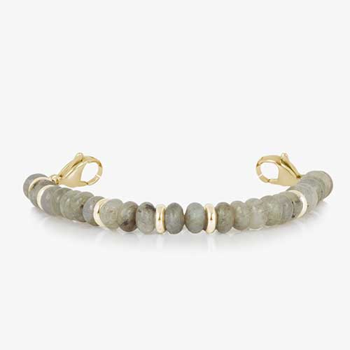 Stretch, beaded bracelet, featuring natural Labradorite stones and Gold rondelles. 