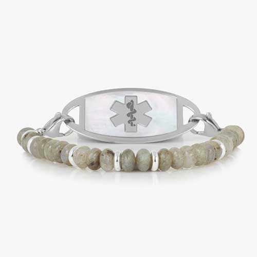 Stretch, beaded bracelet, featuring natural Labradorite stones and Silver rondelles. Paired with a custom Lauren's Hope ID tag featuring Silver medical alert caduceus and inlaid Mother of Pearl.