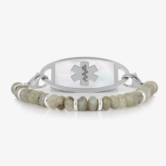 Stretch, beaded bracelet, featuring natural Labradorite stones and Silver rondelles. Paired with a custom Lauren's Hope ID tag featuring Silver medical alert caduceus and inlaid Mother of Pearl.
