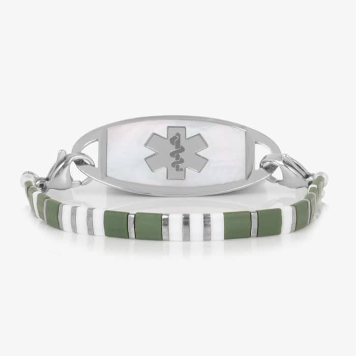 Silver-tone medical ID bracelet with olive green and white rectangular accents and a light inlay ID tag featuring the medical symbol.