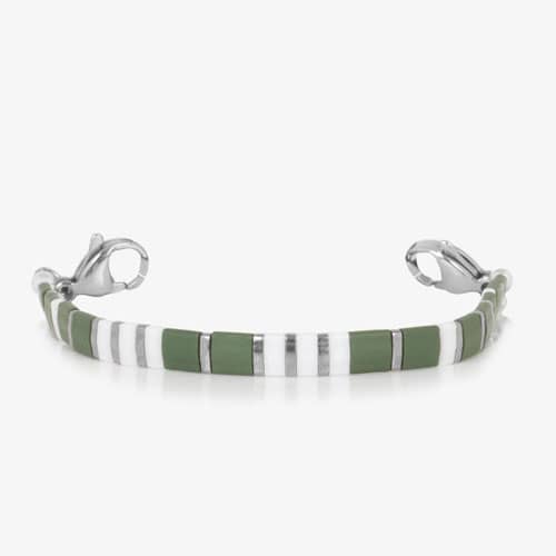 Olive green, white, and silver-tone rectangular bracelet accents shown without the medical ID tag against a clean white background.