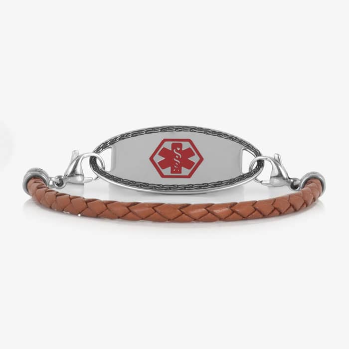 Brown braided bracelet with a silver-tone medical ID tag featuring a red medical symbol and decorative border.