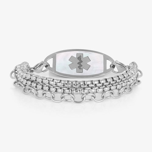 Silver-tone layered medical ID bracelet with mixed chain textures and an oval mother-of-pearl ID tag featuring a silver medical symbol.