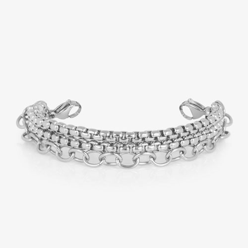 Silver-tone layered bracelet with multiple chain textures, lobster clasps at both ends, and no ID tag attached.