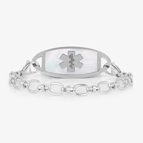 Silver-tone medical ID bracelet with oval-link chain and white inlay tag featuring the medical symbol.