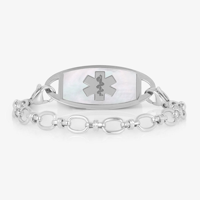 Silver-tone medical ID bracelet with oval-link chain and white inlay tag featuring the medical symbol.