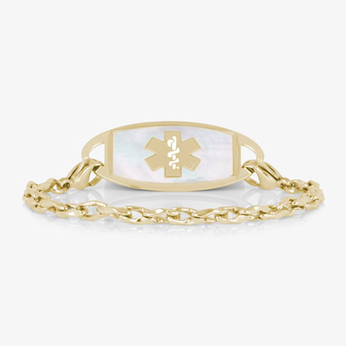 Gold-tone medical ID bracelet with interlocking chain links, light inlay, and a prominent medical symbol on the ID tag.