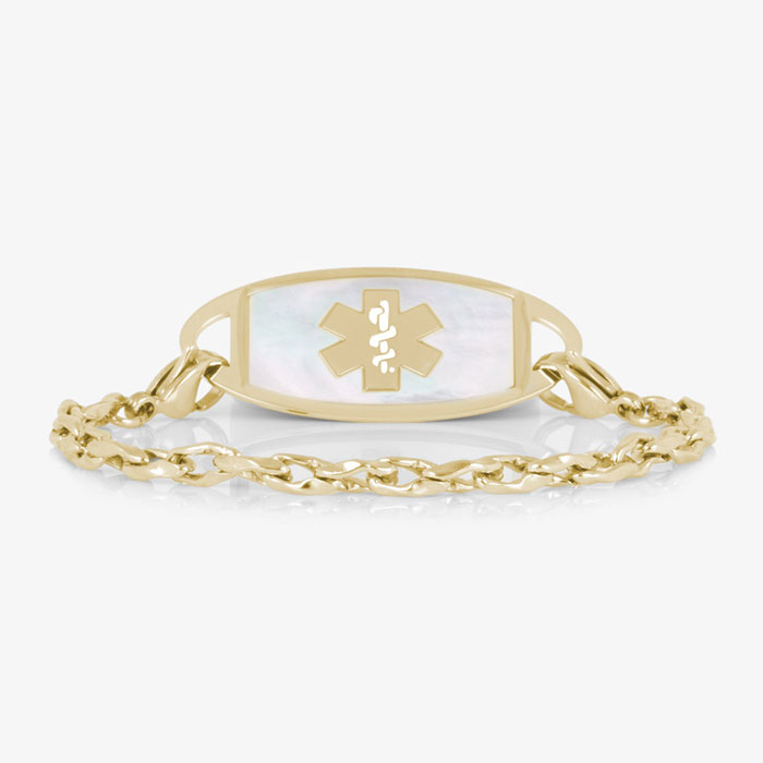 Gold-tone medical ID bracelet with interlocking chain links, light inlay, and a prominent medical symbol on the ID tag.