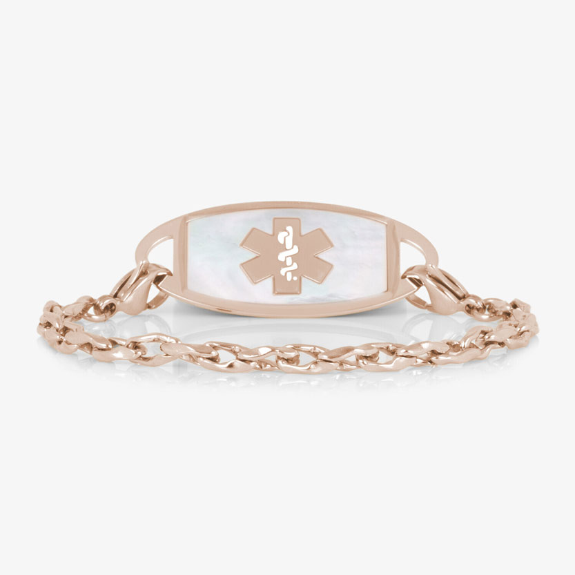 Rose gold-tone medical ID bracelet with interlocking chain links, light inlay, and a prominent medical symbol on the ID tag.