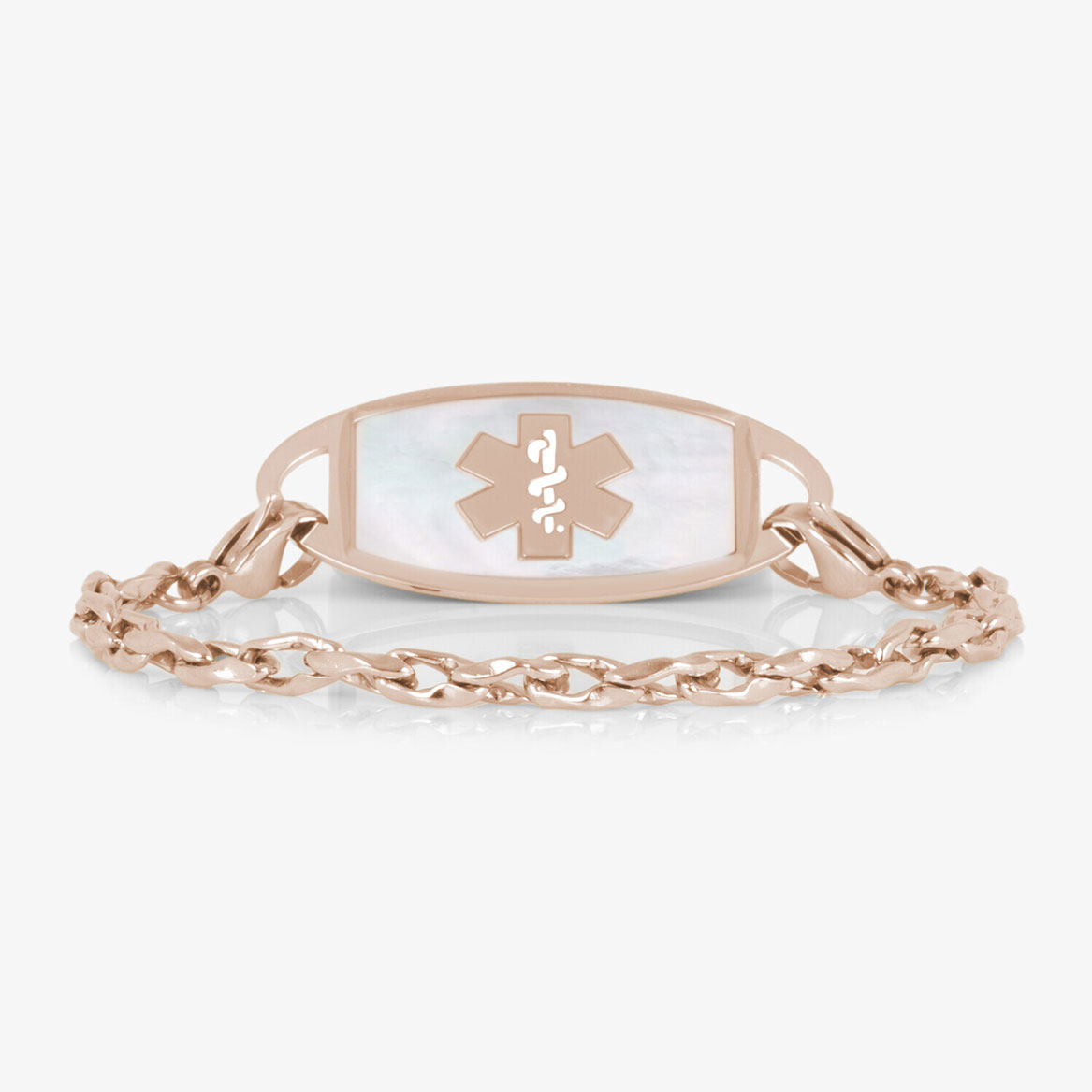 Rose gold-tone medical ID bracelet with interlocking chain links, light inlay, and a prominent medical symbol on the ID tag.