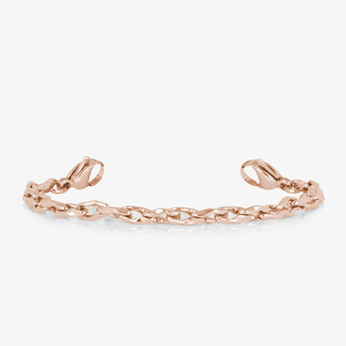 Rose gold-tone bracelet with an interlocking chain-link design and lobster clasps at both ends on a white background.