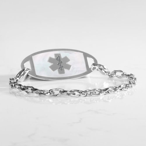 Silver-tone medical ID bracelet with interlocking chain links, light inlay, and a prominent medical symbol on the ID tag.