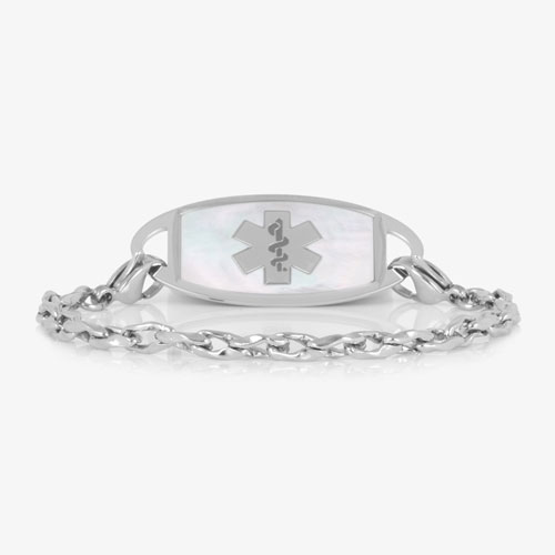 Silver-tone medical ID bracelet with interlocking chain links, light inlay, and a medical symbol on the ID tag.