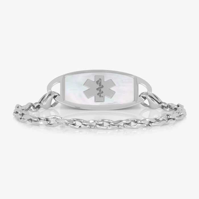 Silver-tone medical ID bracelet with interlocking chain links, light inlay, and a medical symbol on the ID tag.