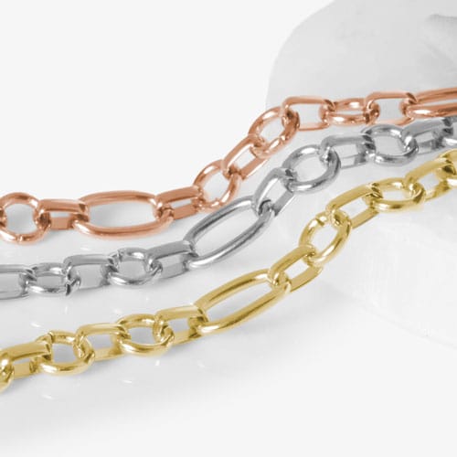 Close-up of Langley bracelet chains featuring alternating round and elongated oval links in rose gold, silver, and gold tones.