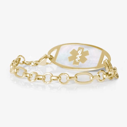 Gold tone Langley medical ID bracelet with alternating round and oval chain links and an iridescent Star of Life ID tag.