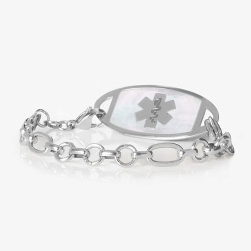 Silver tone Langley medical ID bracelet with alternating round and oval chain links and an iridescent Star of Life ID tag.