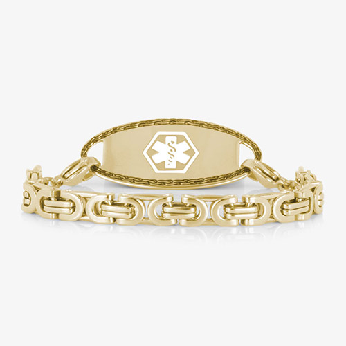 Gold-tone medical ID bracelet with bold interlocking links and a polished tag featuring a white medical symbol.