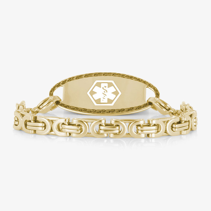 Gold-tone medical ID bracelet with bold interlocking links and a polished tag featuring a white medical symbol.