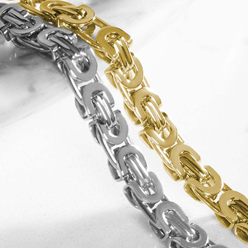 Close-up of matching interlocking bracelet links in gold and silver tones.