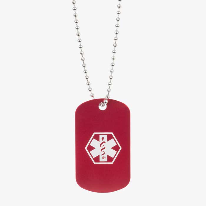 Red aluminum dog tag with white medical symbol  on stainless steel ball chain