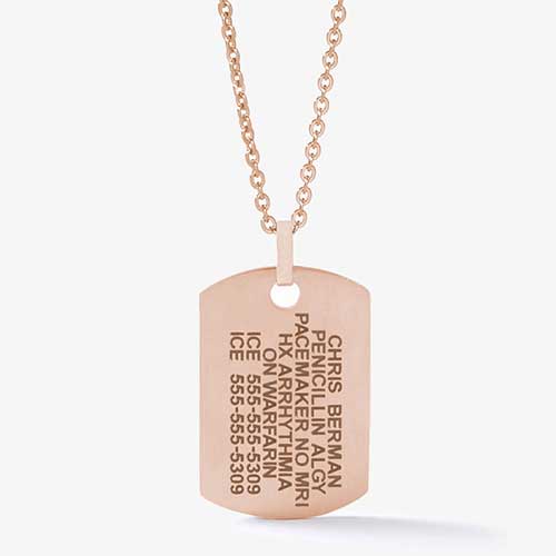 Custom laser engraved rose gold medical ID alert dog tag necklace