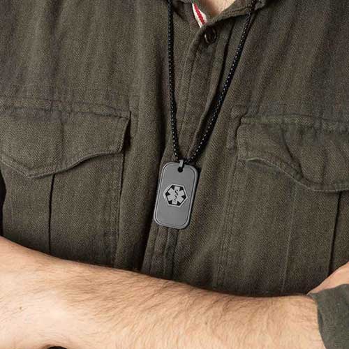 Gunmetal tone stainless steel medical alert dog tag with grey medical symbol, beveled edges, and rounded corners