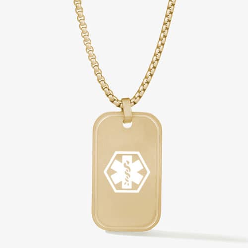 Gold-tone medical ID dog tag necklace with a rectangular pendant featuring rounded corners and a white medical symbol.
