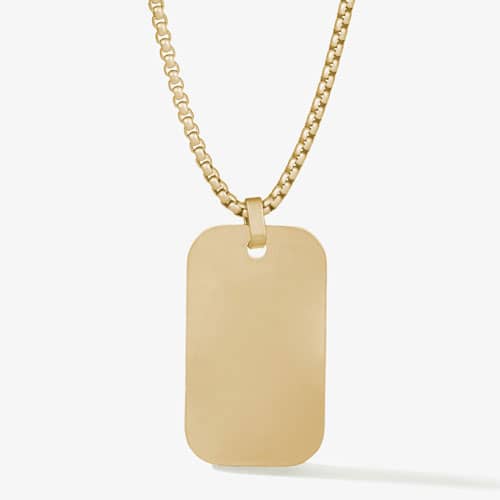 Back view of a plain gold-tone dog tag pendant on a matching chain, showing the smooth surface available for engraving.