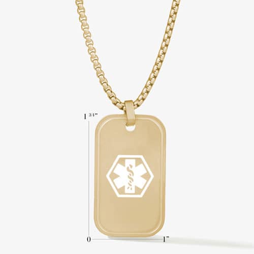 Gold-tone medical ID dog tag necklace with a white medical symbol, shown with measurements of 1 3/4 inches by 1 inch.