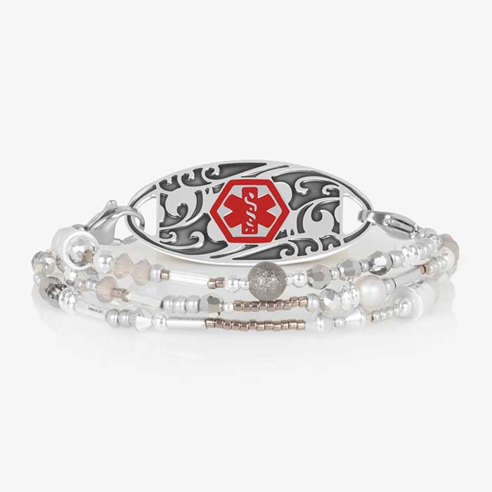 Multi strand medical alert bracelet with sterling silver beaded accents and decorative medical ID tag*