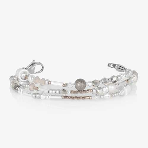 Beaded medical alert bracelet with silver tone and gray beads and pearls*