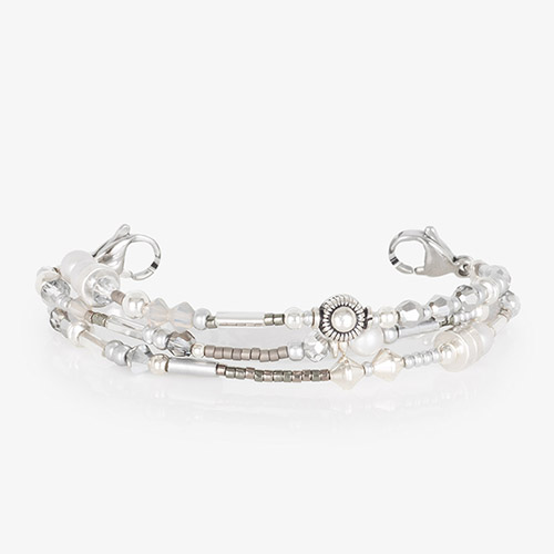 Beaded medical alert bracelet with silver tone and gray beads and pearls