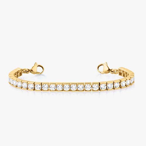12 karat gold plated medical ID tennis bracelet with clear cubic zirconia crystals and gold tone stainless steel lobster clasps at each end.