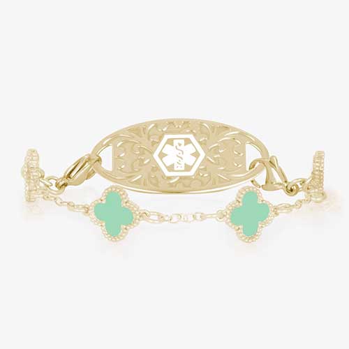 Gold and mint green medical ID chain bracelet with clover shaped links