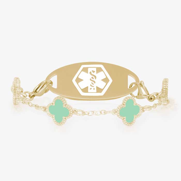 Gold and mint green medical ID chain bracelet with clover shaped links