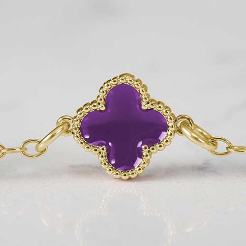 12k gold plated clover shaped medical ID bracelet with berry inlay.